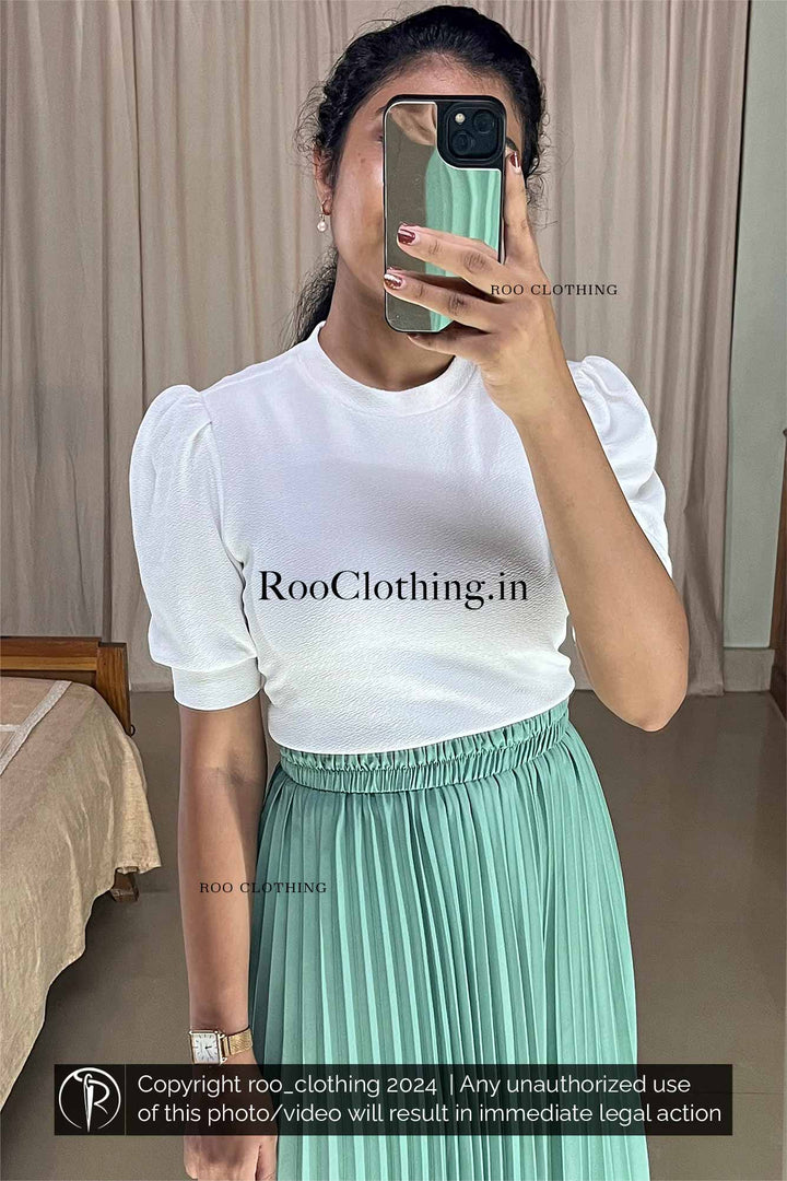 Mint Green Accordion Pleated Skirt paired with White Crew Neck Puff Sleeves Top Roo Clothing India Kerala