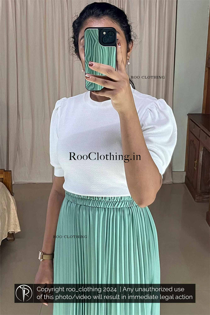 Mint Green Accordion Pleated Skirt paired with White Crew Neck Puff Sleeves Top Roo Clothing India Kerala