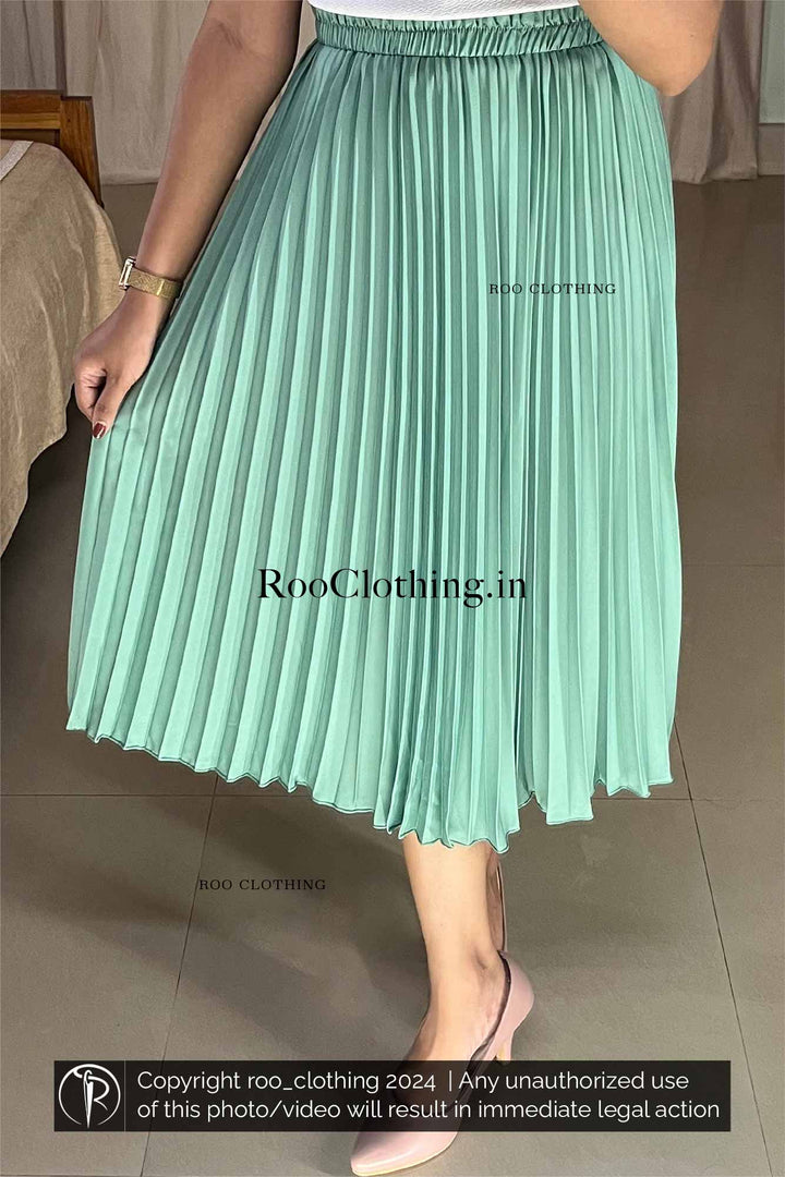 Mint Green Accordion Pleated Skirt paired with White Crew Neck Puff Sleeves Top Roo Clothing India Kerala