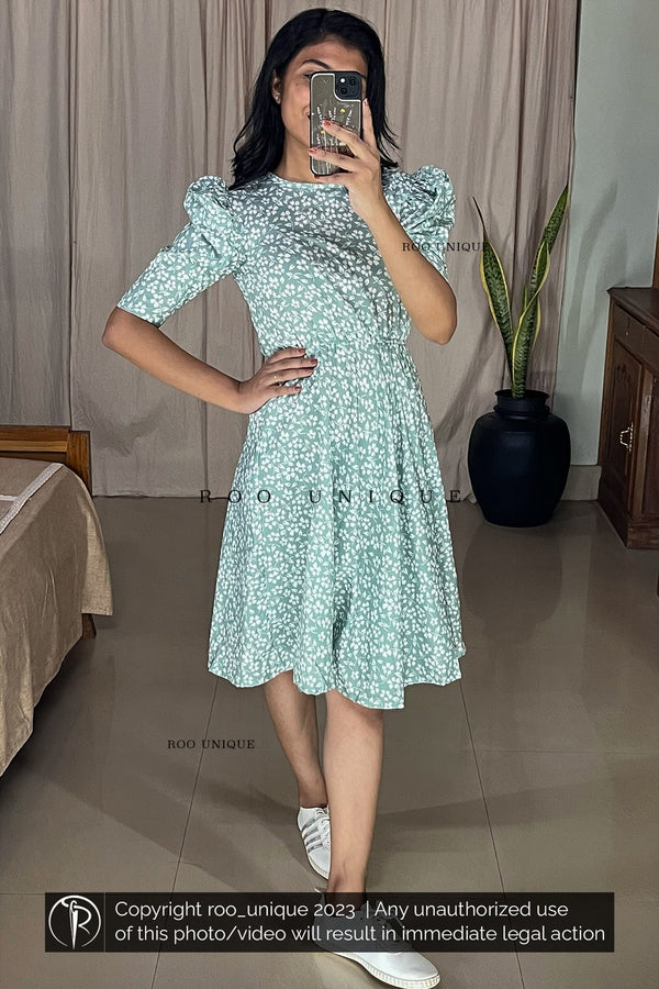 Mint Green Floral Printed Puff Sleeve Frock (Dress Only)
