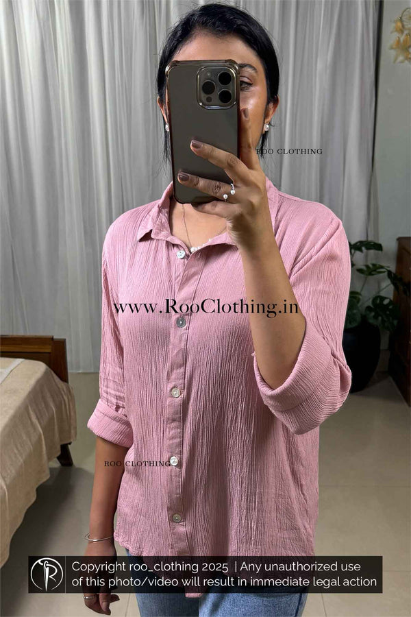 Muse Pink Crinkled Rayon Full Sleeve Shirt – Relaxed Fit