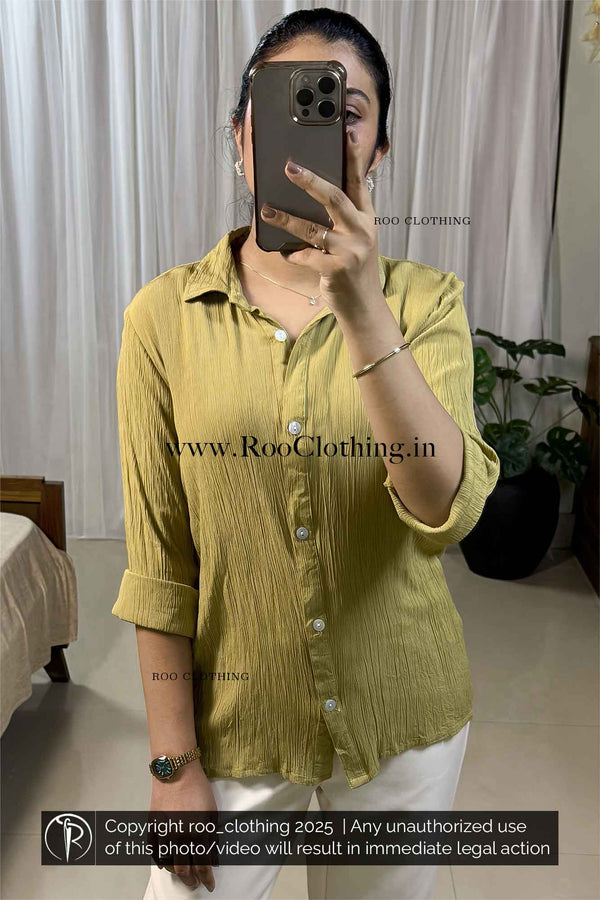 Mustard Olive Green Crinkled Rayon Loose Fit Shirt Only