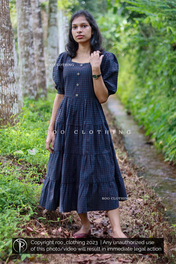 Navy Blue Check Three Tiered Frock with Puff Sleeves