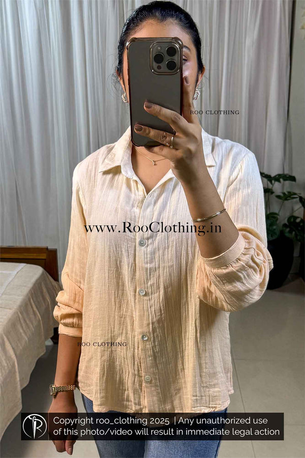 Pastel Peach Ombre Textured Tie-Dyed Loose Fit Full Sleeve Women's Cotton Shirt