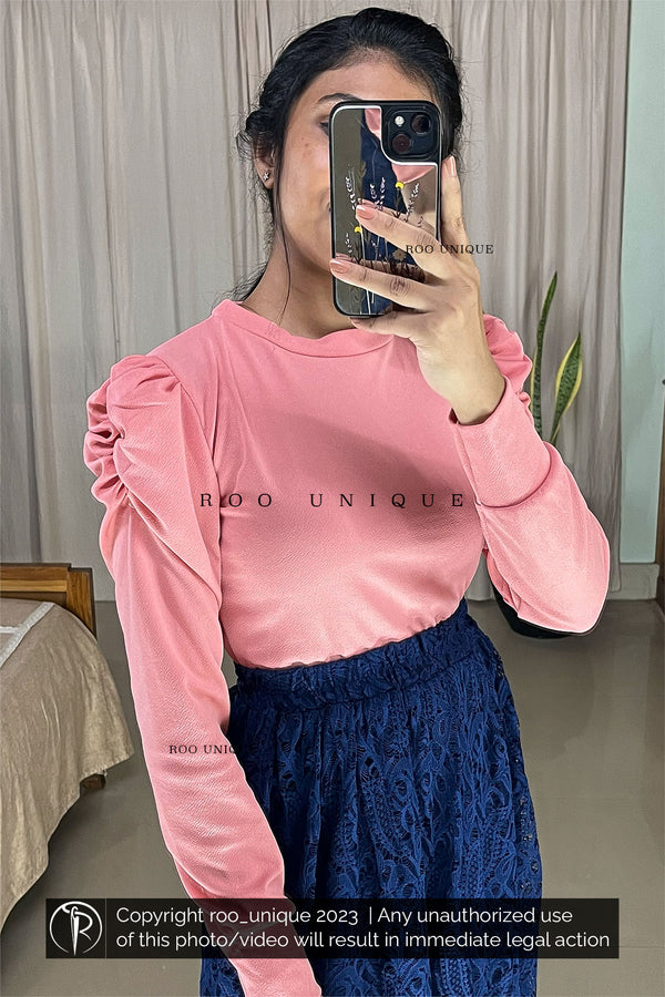 Peachish Pink Full Sleeve Puff Sleeve Top With Crew Neck (Top Only)