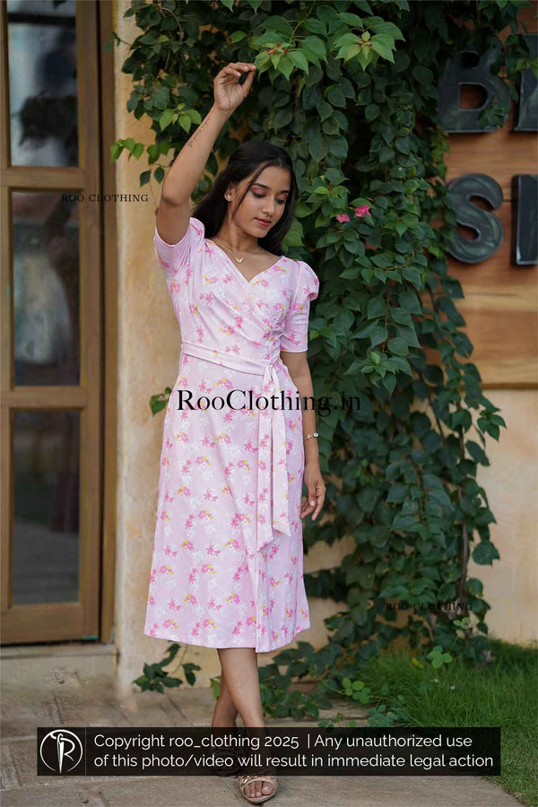 Pink Blush Bloom Floral Wrap Dress with Pockets