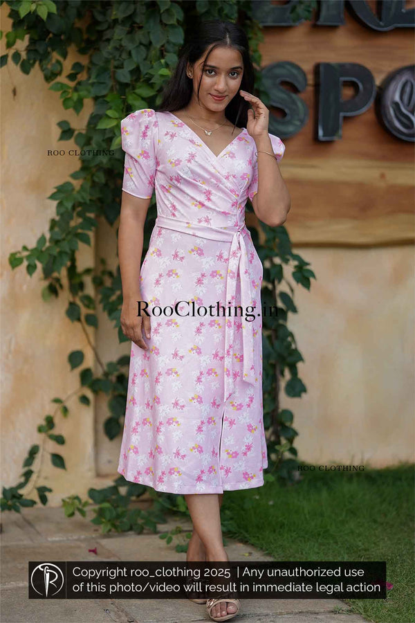 Pink Blush Bloom Floral Wrap Dress with Pockets