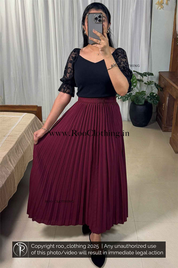 Plain Maroon Full-Length Accordion Pleated Skirt Only