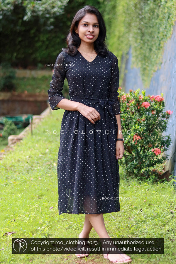 Polka Dotted V Neck Frock with Waist Gatherings