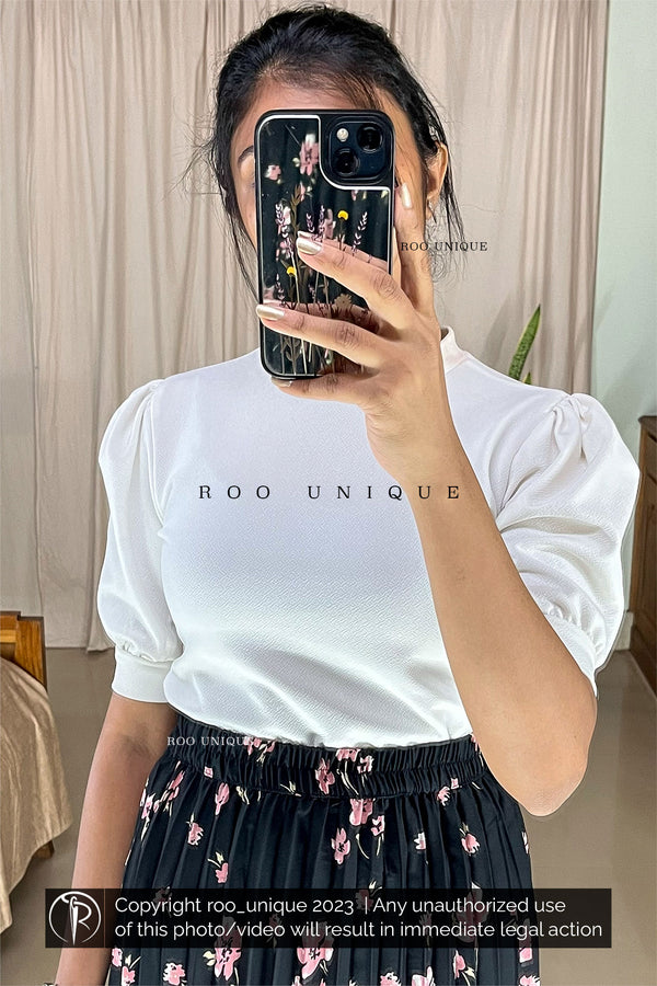 White Crew Neck Puff Sleeves Top Only