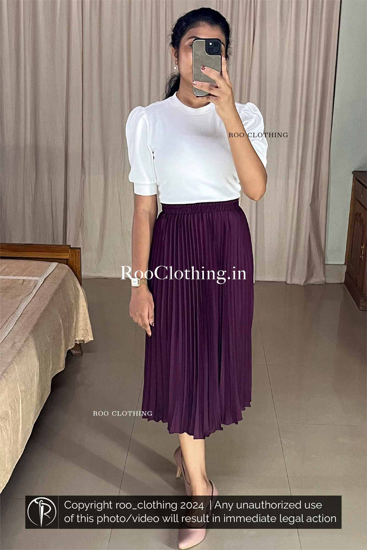 Purple Accordion Pleated Skirt paired with White Crew Neck Puff Sleeves Top