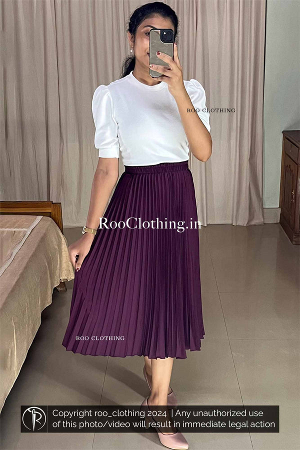 Purple Accordion Pleated Skirt paired with White Crew Neck Puff Sleeves Top