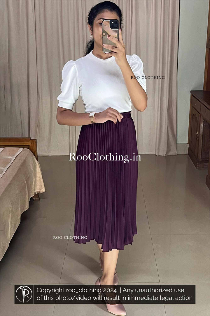 Purple Accordion Pleated Skirt paired with White Crew Neck Puff Sleeves Top