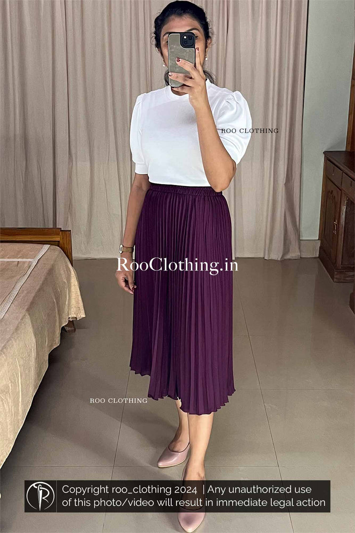 Purple Accordion Pleated Skirt paired with White Crew Neck Puff Sleeves Top