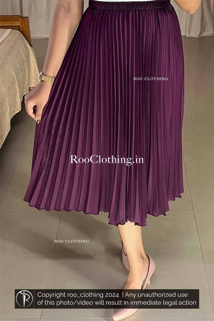 Purple Accordion Pleated Skirt paired with White Crew Neck Puff Sleeves Top