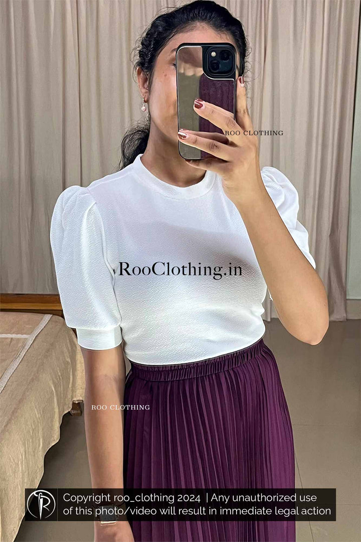 Purple Accordion Pleated Skirt paired with White Crew Neck Puff Sleeves Top