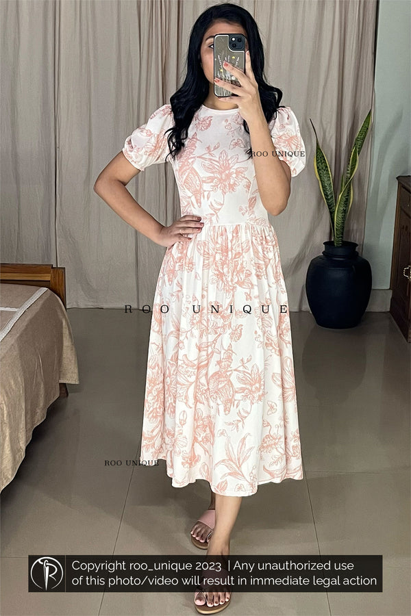Salmon Pink Floral Printed Off-white Frock
