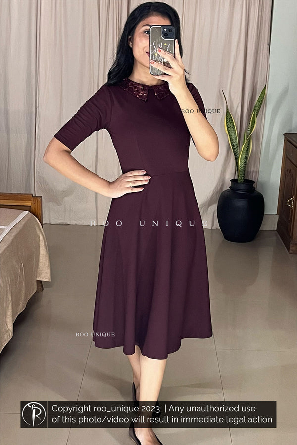 Sequence Collared Round Neck Wine Red Frock