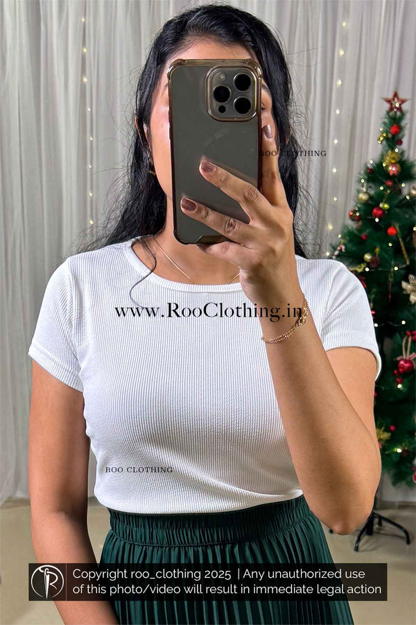 Sleek White Ribbed Scoop-Neck Short Sleeve Top Only