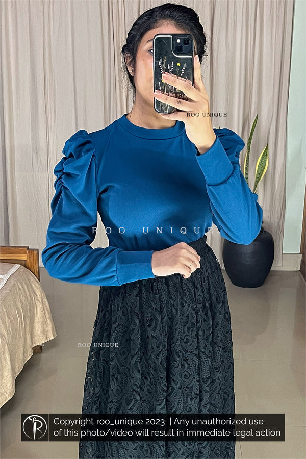 Teal Blue Full Sleeve Puff Sleeve Top With Crew Neck (Top Only)