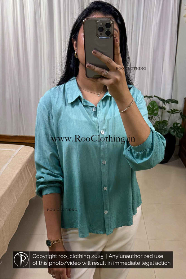 Ocean Teal Green Ombre Tie-Dyed Loose-Fit Full Sleeve Shirt
