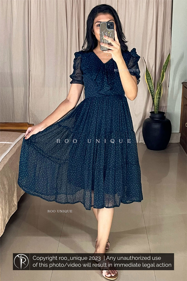 Navy Blue Three Tiered Midi Frock With Elasticated Short Puff Sleeves