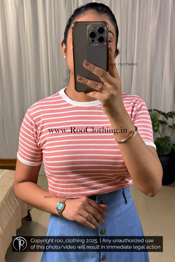 Classic Peach & White Striped Crew Neck Half Sleeve Top – Women’s Casual Hosiery Tee paired with light blue denim skirt