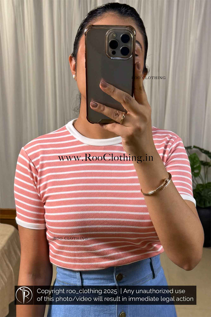 Classic Peach & White Striped Crew Neck Half Sleeve Top – Women’s Casual Hosiery Tee paired with light blue denim skirt