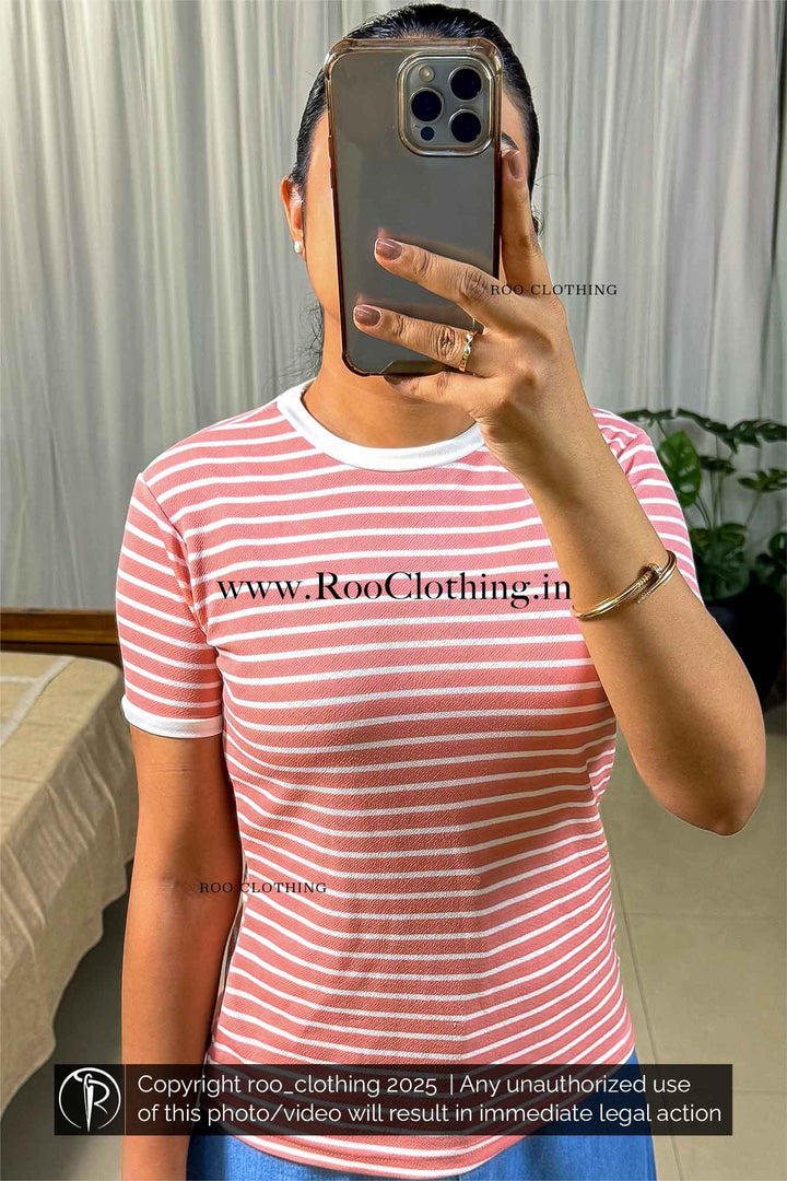 Classic Peach & White Striped Crew Neck Half Sleeve Top – Women’s Casual Hosiery Tee paired with light blue denim skirt