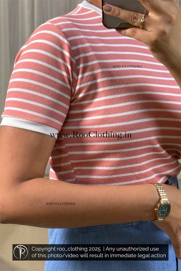 Classic Peach & White Striped Crew Neck Half Sleeve Top – Women’s Casual Hosiery Tee paired with light blue denim skirt