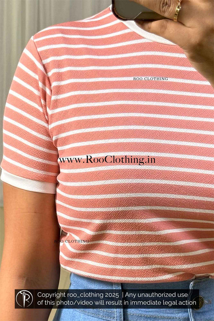 Classic Peach & White Striped Crew Neck Half Sleeve Top – Women’s Casual Hosiery Tee paired with light blue denim skirt