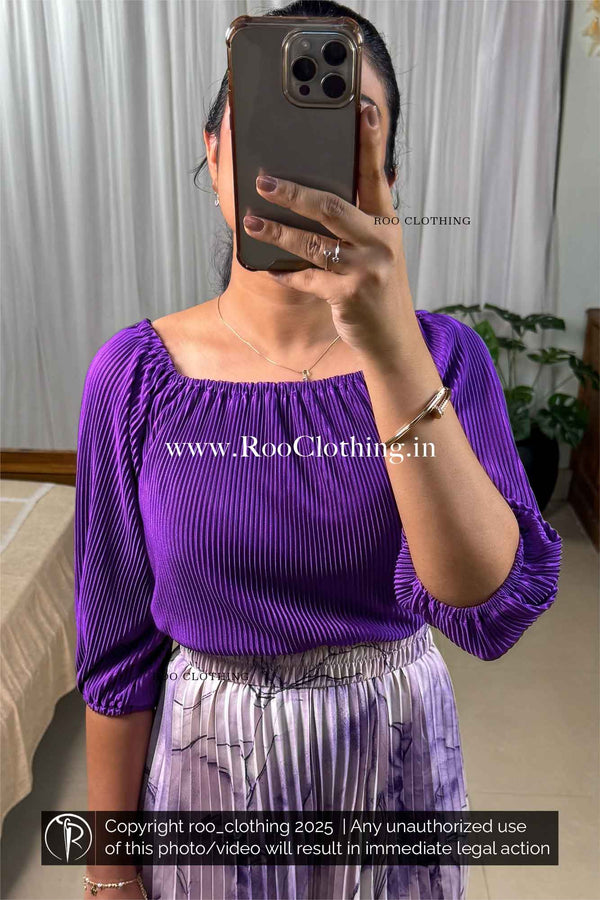 Women’s Royal Purple Micro Pleated Elastic Neckline Top On or Off Shoulder Styling