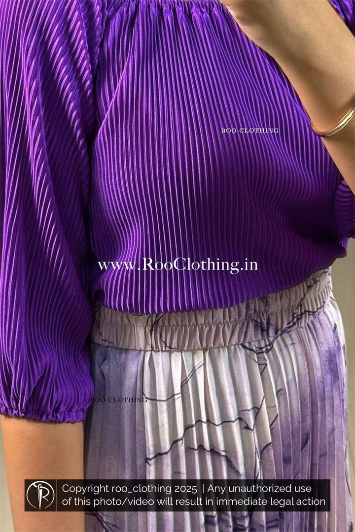 Women’s Royal Purple Micro Pleated Elastic Neckline Top On or Off Shoulder Styling