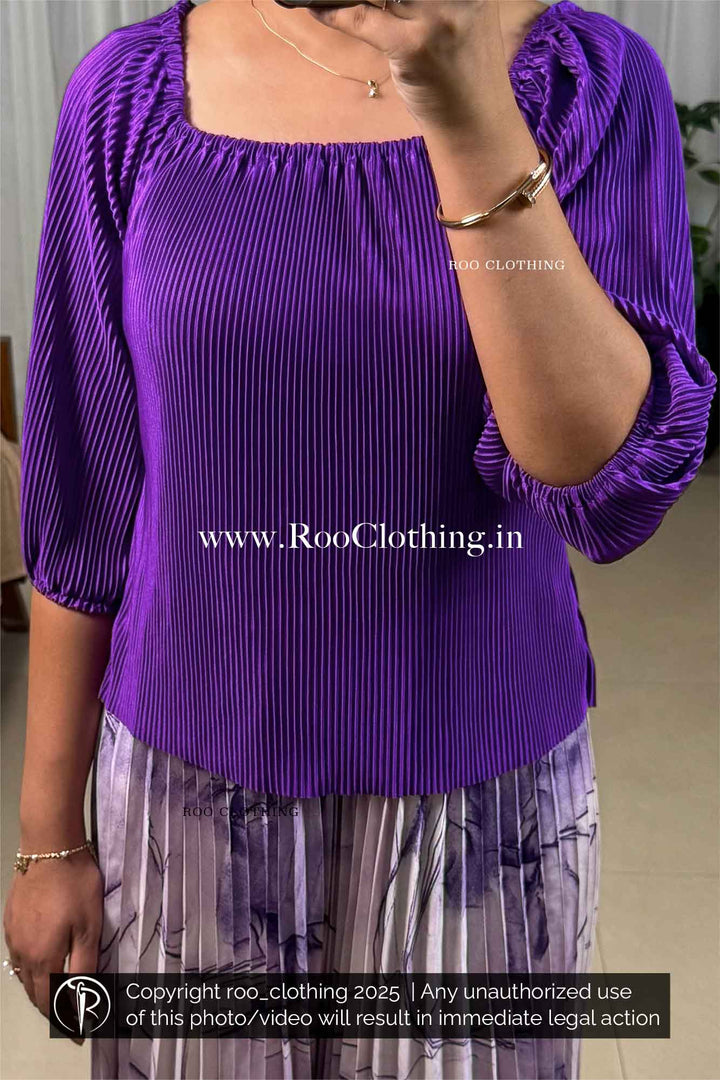 Women’s Royal Purple Micro Pleated Elastic Neckline Top On or Off Shoulder Styling