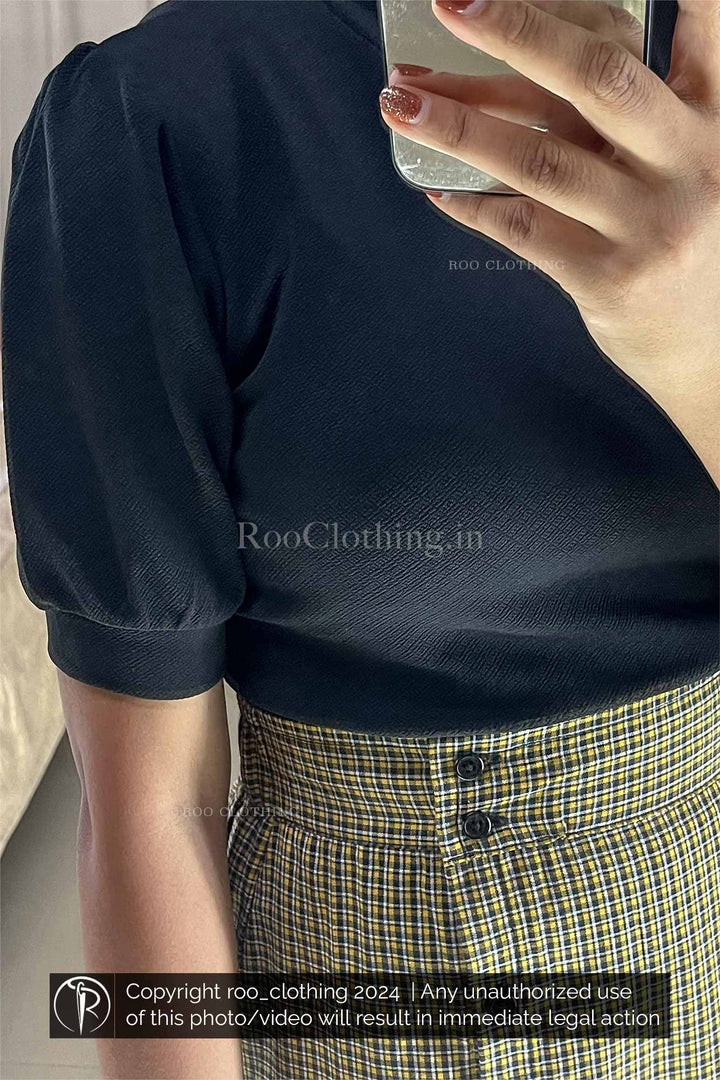 Yellow Check Skirt paired with Black Crew Neck Puff Sleeves Top Roo Clothing india Kerala