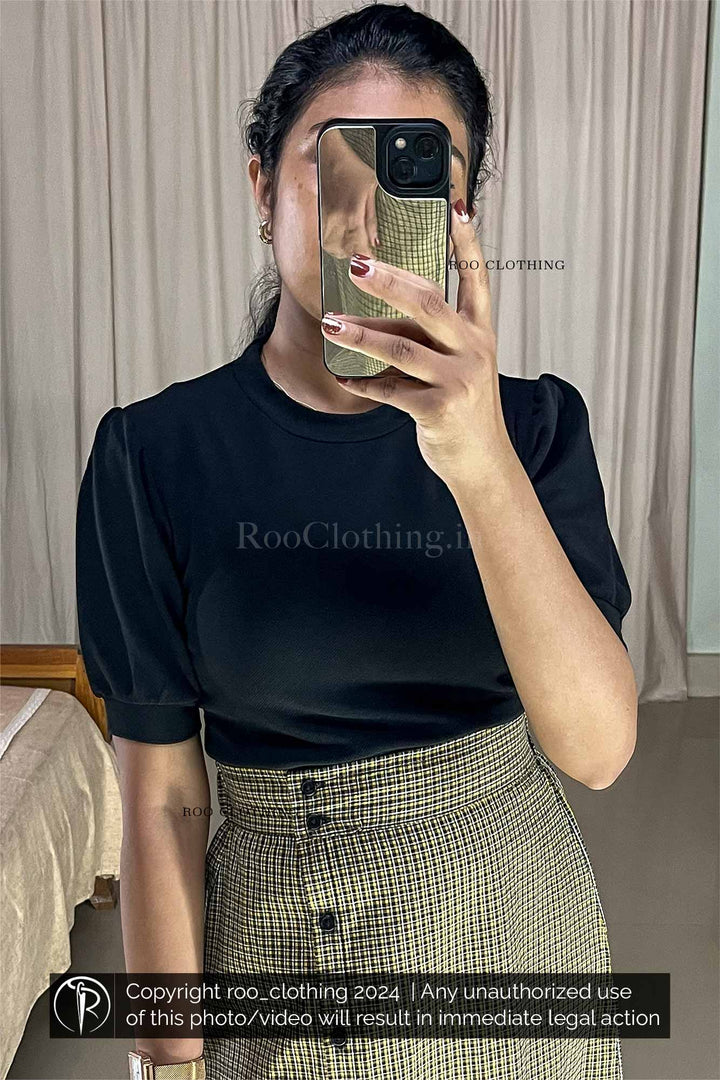 Yellow Check Skirt paired with Black Crew Neck Puff Sleeves Top Roo Clothing india Kerala