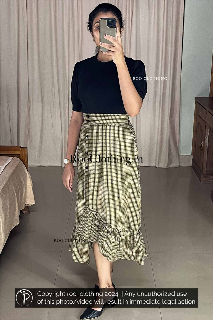 Yellow Check Skirt paired with Black Crew Neck Puff Sleeves Top Roo Clothing india Kerala