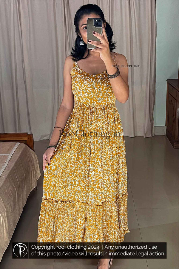 Mustard Yellow Shade Leaves Printed Noodle Strapped Frock With Adjustable Strap (Dress Only)